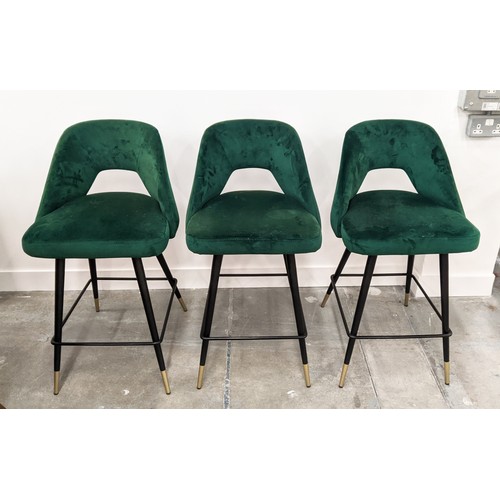 412 - EICHHOLTZ AVORIO COUNTER STOOLS, a set of three, Roche green velvet upholstered, 91cm H. (3)