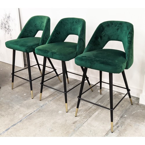 412 - EICHHOLTZ AVORIO COUNTER STOOLS, a set of three, Roche green velvet upholstered, 91cm H. (3)