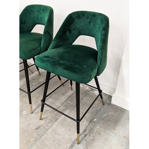 412 - EICHHOLTZ AVORIO COUNTER STOOLS, a set of three, Roche green velvet upholstered, 91cm H. (3)