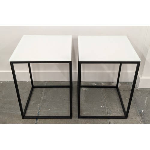 426 - SIDE TABLES, a pair, 40cm x 40cm x 55cm, frosted glass tops, on black painted metal supports. (2)