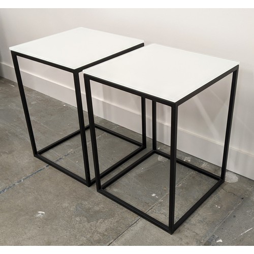 426 - SIDE TABLES, a pair, 40cm x 40cm x 55cm, frosted glass tops, on black painted metal supports. (2)