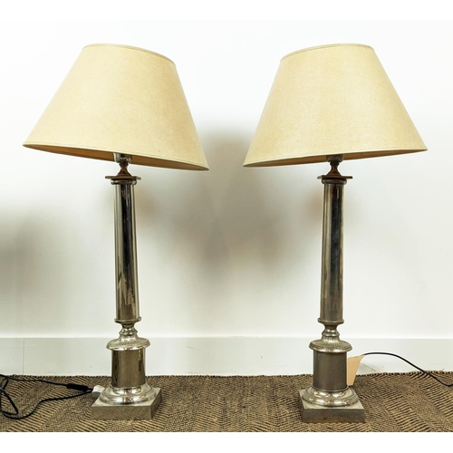 440 - TABLE LAMPS, a pair, with line style shades, each 90cm tall overall. (2)