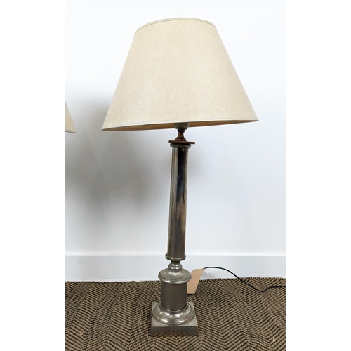 440 - TABLE LAMPS, a pair, with line style shades, each 90cm tall overall. (2)