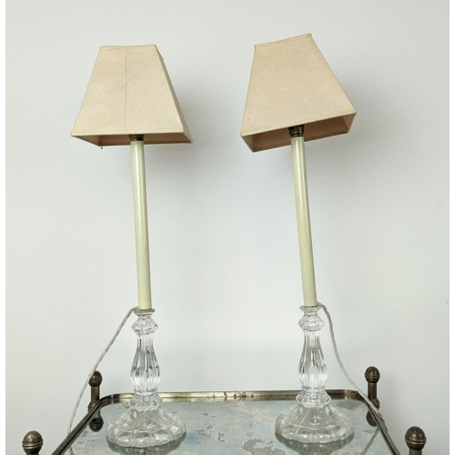 442 - TABLE LAMPS, a pair with end glass bases and tall columns with linen style shades, each 75cm tall ov... 