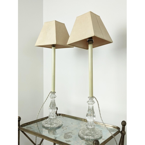 442 - TABLE LAMPS, a pair with end glass bases and tall columns with linen style shades, each 75cm tall ov... 