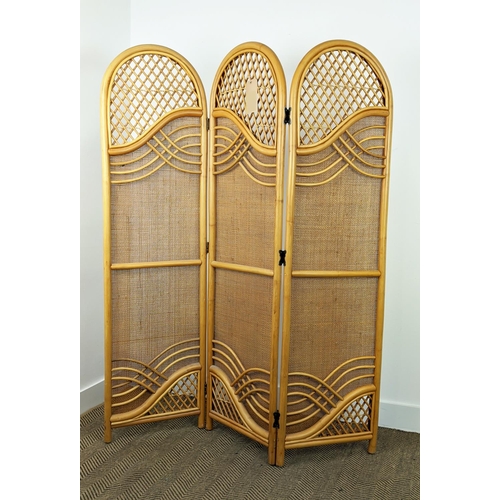 449 - SCREEN, rattan of three arched panels, each leaf, 169cm H x 46cm.