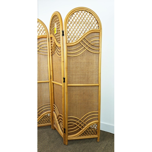 449 - SCREEN, rattan of three arched panels, each leaf, 169cm H x 46cm.