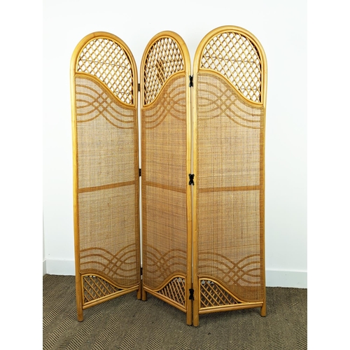 449 - SCREEN, rattan of three arched panels, each leaf, 169cm H x 46cm.