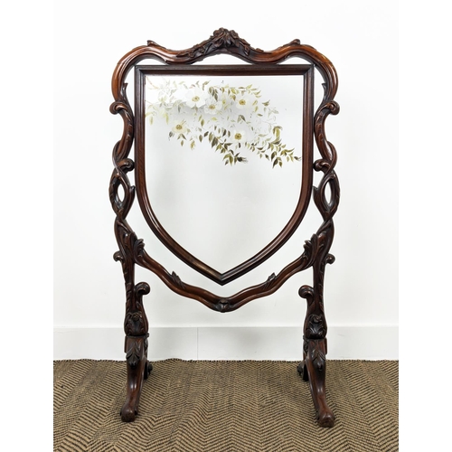 452 - FIRESCREEN, Victorian rosewood with painted shield shaped glass panel, 110cm H x 66cm.