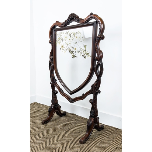 452 - FIRESCREEN, Victorian rosewood with painted shield shaped glass panel, 110cm H x 66cm.