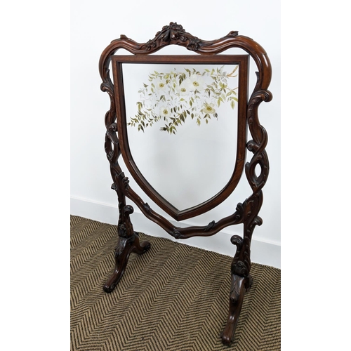 452 - FIRESCREEN, Victorian rosewood with painted shield shaped glass panel, 110cm H x 66cm.