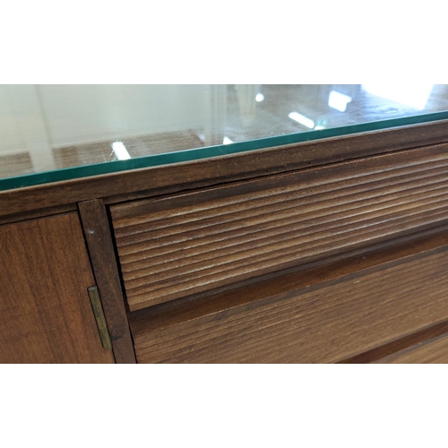 307 - SIDEBOARD, vintage mid century, with later glass to top, 190.5cm x 48cm x 81.5cm.