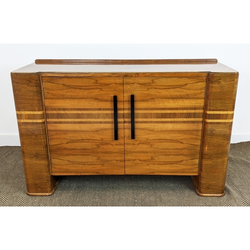 451 - SIDEBOARD, Art deco walnut with horizontal inlay and two doors enclosing a drawer and shelves, 87cm ... 