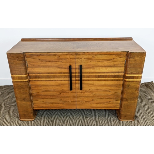 451 - SIDEBOARD, Art deco walnut with horizontal inlay and two doors enclosing a drawer and shelves, 87cm ... 