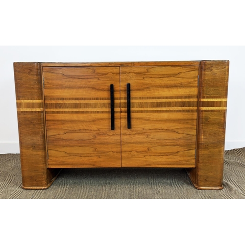 451 - SIDEBOARD, Art deco walnut with horizontal inlay and two doors enclosing a drawer and shelves, 87cm ... 