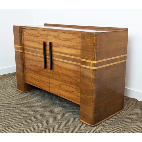 451 - SIDEBOARD, Art deco walnut with horizontal inlay and two doors enclosing a drawer and shelves, 87cm ... 