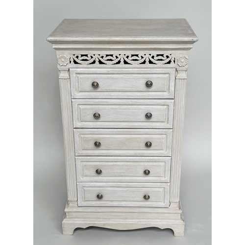 114 - TALL CHEST, French style traditionally grey painted with pierced frieze and five drawers, 100cm H x ... 