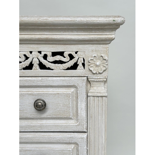 114 - TALL CHEST, French style traditionally grey painted with pierced frieze and five drawers, 100cm H x ... 