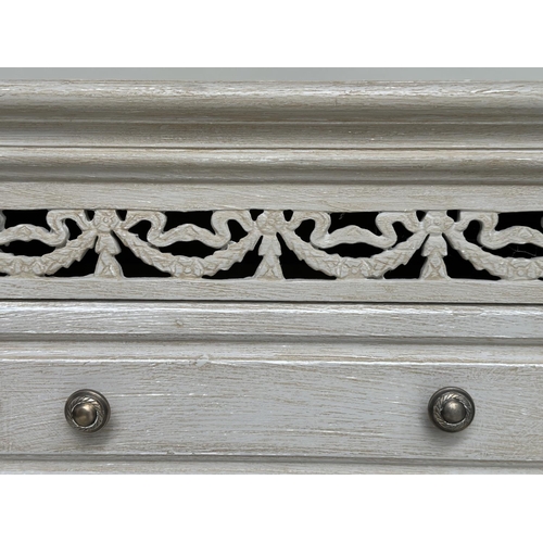 114 - TALL CHEST, French style traditionally grey painted with pierced frieze and five drawers, 100cm H x ... 