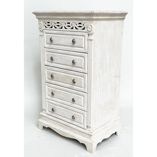 114 - TALL CHEST, French style traditionally grey painted with pierced frieze and five drawers, 100cm H x ... 