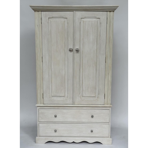 119 - ARMOIRE, French style traditionally grey painted with two panelled doors enclosing hanging space abo... 