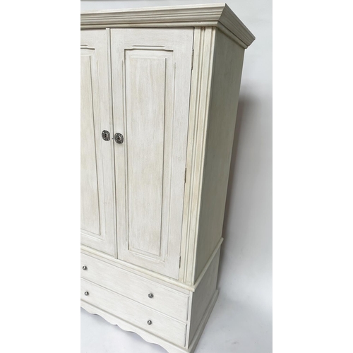 119 - ARMOIRE, French style traditionally grey painted with two panelled doors enclosing hanging space abo... 