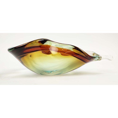 23 - A MURANO GLASS BOWL, in the form of a pear, in amber and teal colourway, polished base, probably 197... 