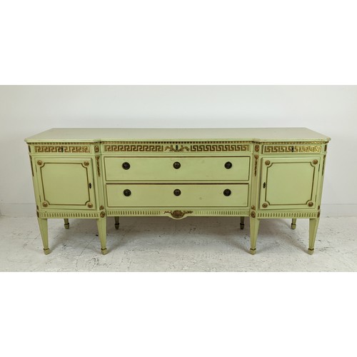 142 - SIDEBOARD, neo classical style green painted and gilt, heightened with five drawers and two doors, 8... 