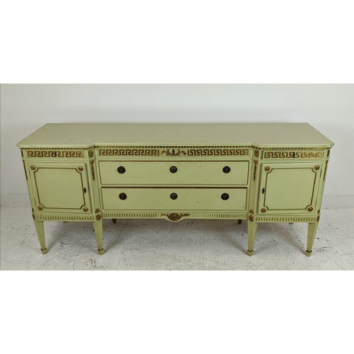 142 - SIDEBOARD, neo classical style green painted and gilt, heightened with five drawers and two doors, 8... 