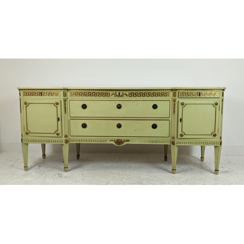 142 - SIDEBOARD, neo classical style green painted and gilt, heightened with five drawers and two doors, 8... 