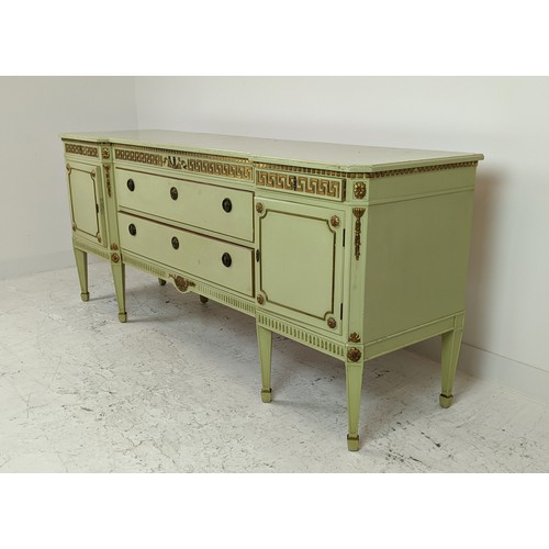 142 - SIDEBOARD, neo classical style green painted and gilt, heightened with five drawers and two doors, 8... 