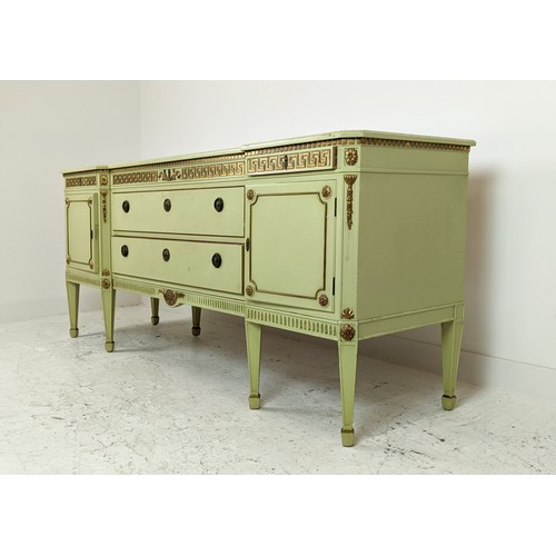 142 - SIDEBOARD, neo classical style green painted and gilt, heightened with five drawers and two doors, 8... 