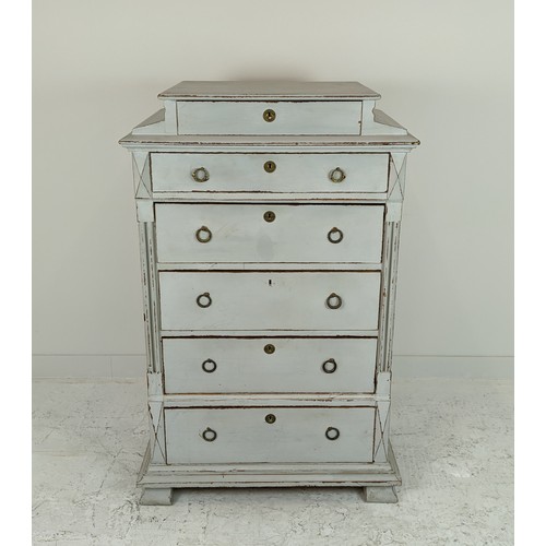 144 - TALL CHEST, 19th century Swedish and later grey painted of six drawers, 140cm H  x 92cm W x 55cm D.