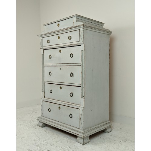 144 - TALL CHEST, 19th century Swedish and later grey painted of six drawers, 140cm H  x 92cm W x 55cm D.