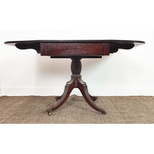 241 - PEDESTAL PEMBROKE TABLE, Regency mahogany with a pair of drop leaves and drawer on reeded quadraform... 