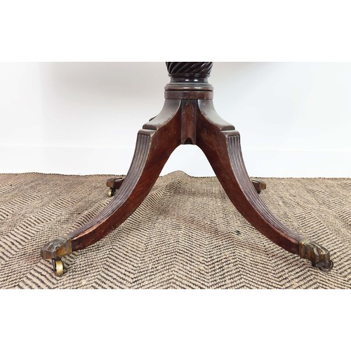 241 - PEDESTAL PEMBROKE TABLE, Regency mahogany with a pair of drop leaves and drawer on reeded quadraform... 