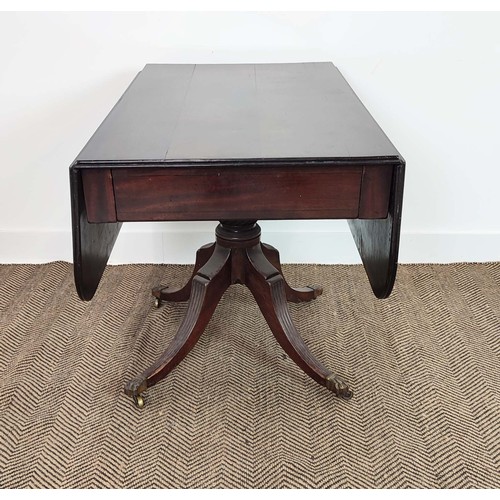 241 - PEDESTAL PEMBROKE TABLE, Regency mahogany with a pair of drop leaves and drawer on reeded quadraform... 