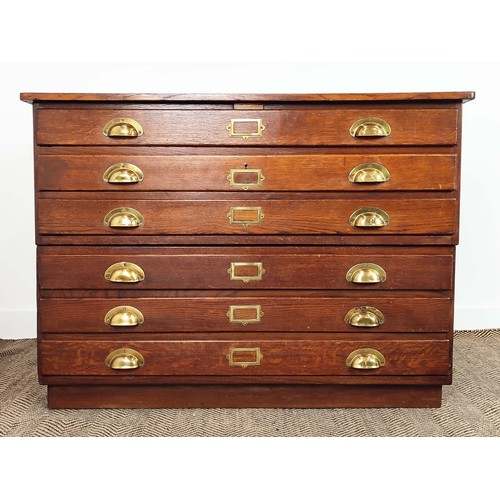 450 - PLAN CHEST, early 20th century oak of six drawers in two parts, 86cm H x 120cm x 87cm.