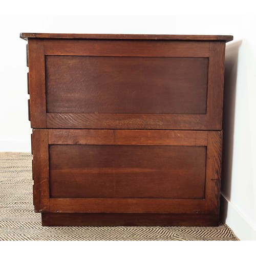 450 - PLAN CHEST, early 20th century oak of six drawers in two parts, 86cm H x 120cm x 87cm.