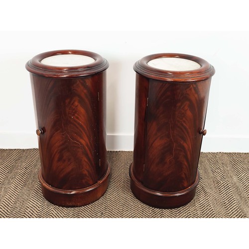 459 - VICTORIAN STYLE MARBLE TOPPED MAHOGANY POT CUPBOARDS, a pair, of cylindrical form, single door, 73cm... 