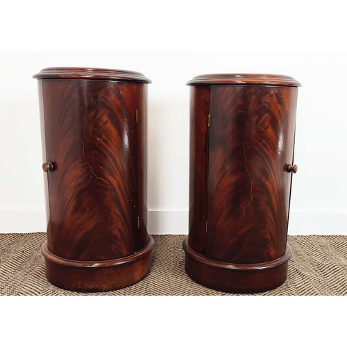 459 - VICTORIAN STYLE MARBLE TOPPED MAHOGANY POT CUPBOARDS, a pair, of cylindrical form, single door, 73cm... 