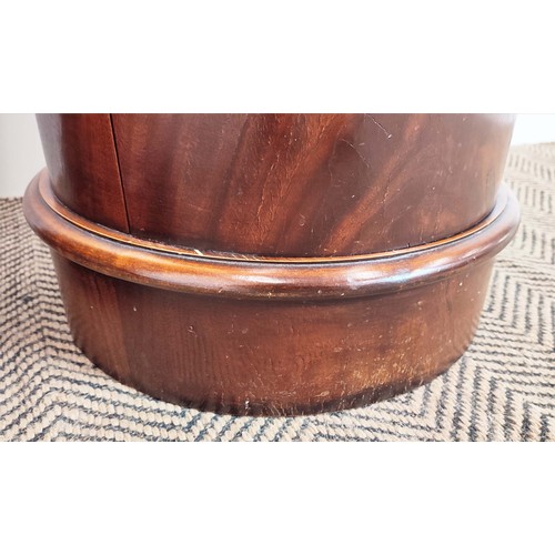 459 - VICTORIAN STYLE MARBLE TOPPED MAHOGANY POT CUPBOARDS, a pair, of cylindrical form, single door, 73cm... 