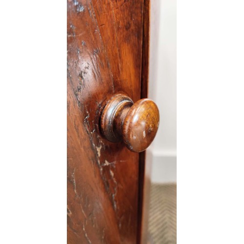 459 - VICTORIAN STYLE MARBLE TOPPED MAHOGANY POT CUPBOARDS, a pair, of cylindrical form, single door, 73cm... 