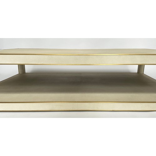 288 - LOW TABLE, faux shagreen and gilt metal bound with undertier, 170cm W x 109cm D x 38cm H.