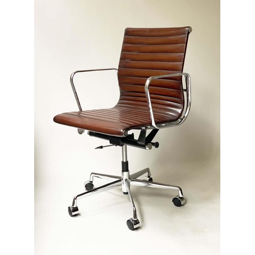 125 - REVOLVING DESK CHAIR, Charles and Ray Eames inspired with ribbed hand finished mid brown natural lea... 