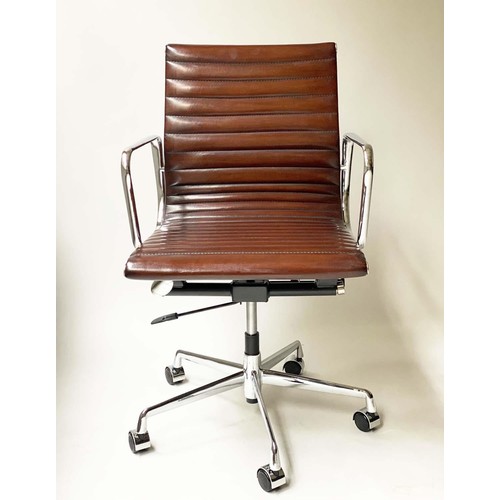 125 - REVOLVING DESK CHAIR, Charles and Ray Eames inspired with ribbed hand finished mid brown natural lea... 