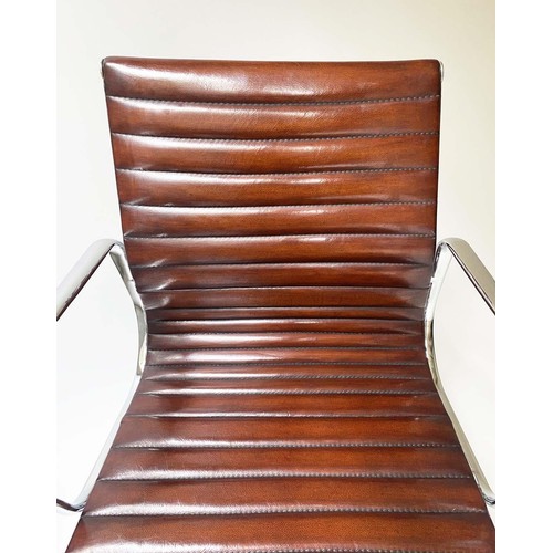 125 - REVOLVING DESK CHAIR, Charles and Ray Eames inspired with ribbed hand finished mid brown natural lea... 