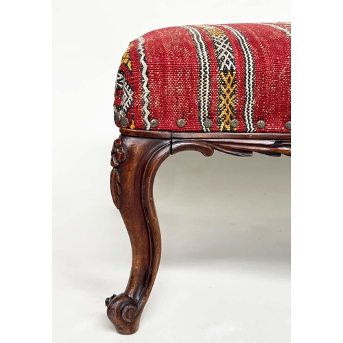 297 - KELIM HEARTH STOOL, Victorian rosewood with Turkoman kelim brass studded upholstery, 77cm W x 50cm D... 