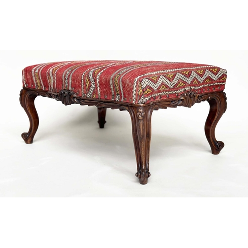 297 - KELIM HEARTH STOOL, Victorian rosewood with Turkoman kelim brass studded upholstery, 77cm W x 50cm D... 