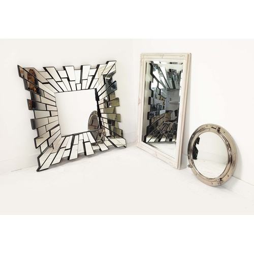 366 - SET OF THREE MIRRORS, A square polished design mirror, an off-white french style and a chrome portho... 